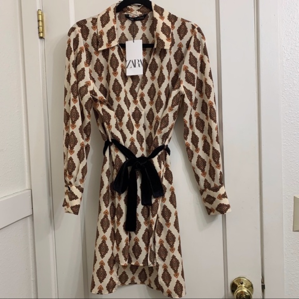 New Zara Velvet Belt Printed Long Blouse Mini Dress